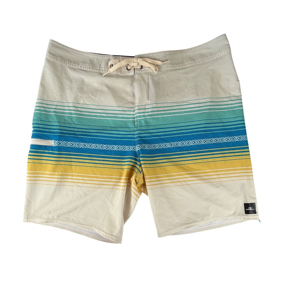 ONeill Hyperfreak Board Shorts Mens 36 Tan Striped Hyperdry Stretch Swim Trunks